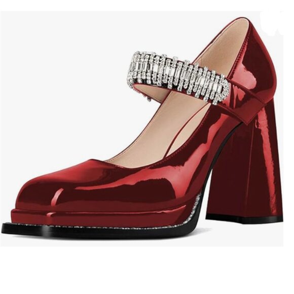 XYD Red Bling Rhinestones Strap Platform Mary Jane Square Toe High Chunky Pumps - Picture 1 of 8